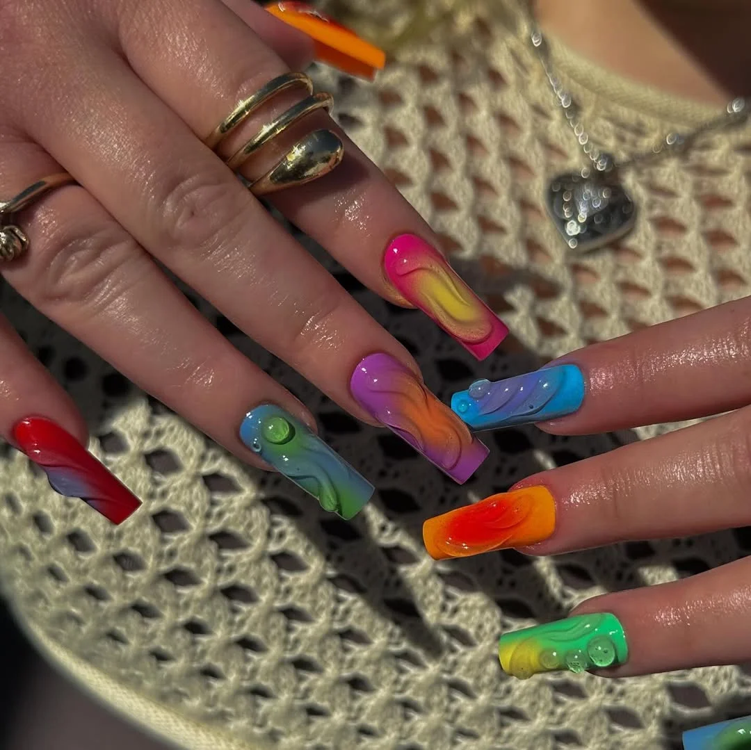 23 bright summer nails 2026 Psychedelic Color Waves With a Glass Like Finish