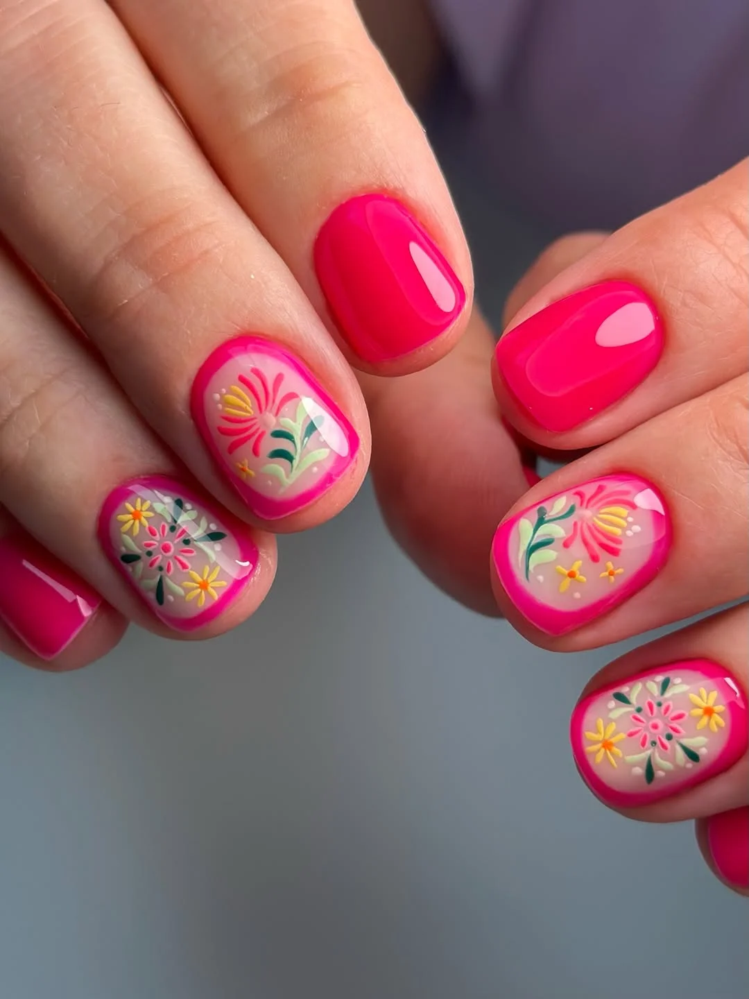 23 bright summer nails 2026 Hot Pink Florals for a Fresh Short Summer Manicure