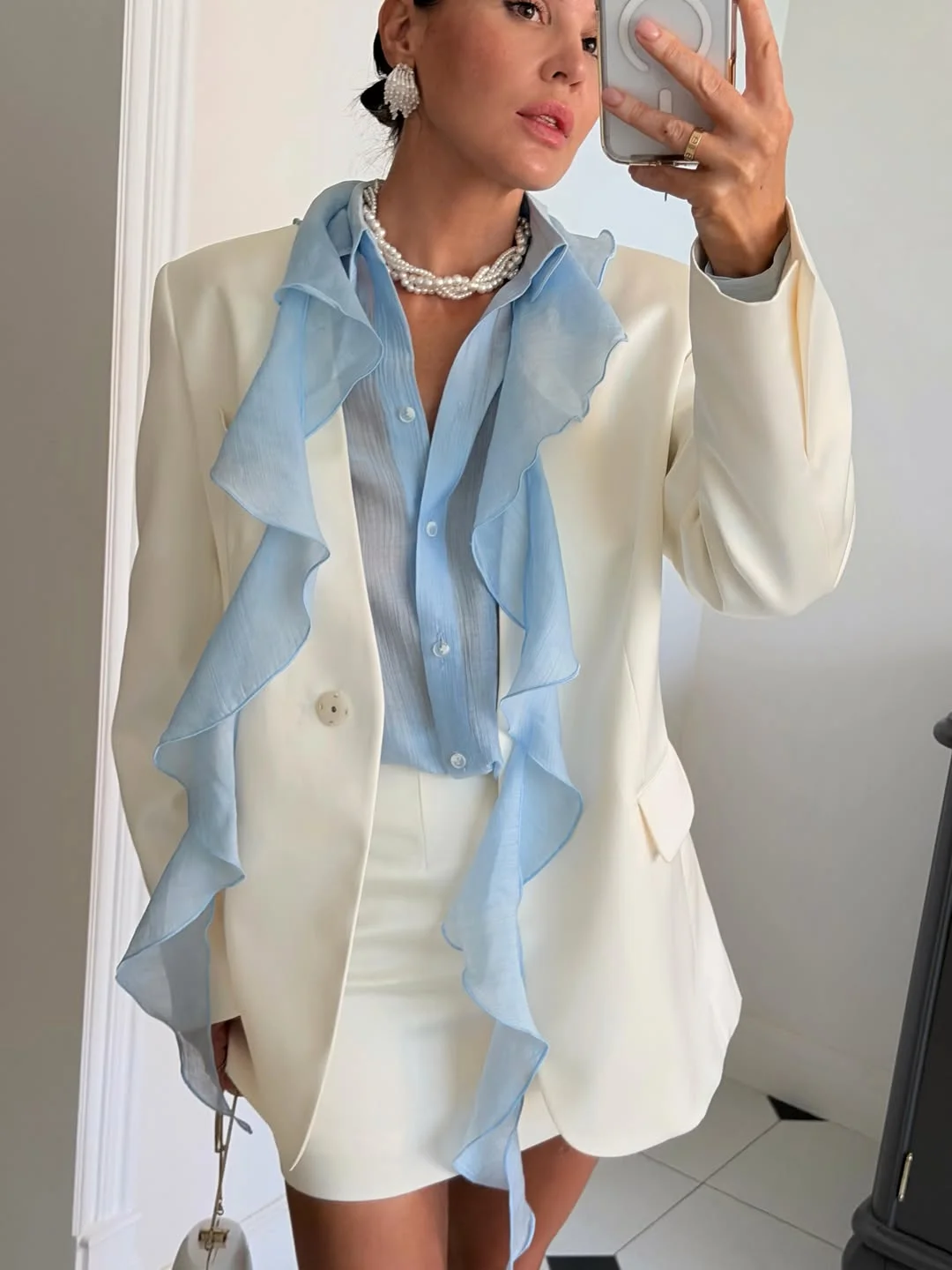 21 cute fall blazer outfits 2026 Soft Blue Ruffles and Cream Tailoring for Modern Femininity
