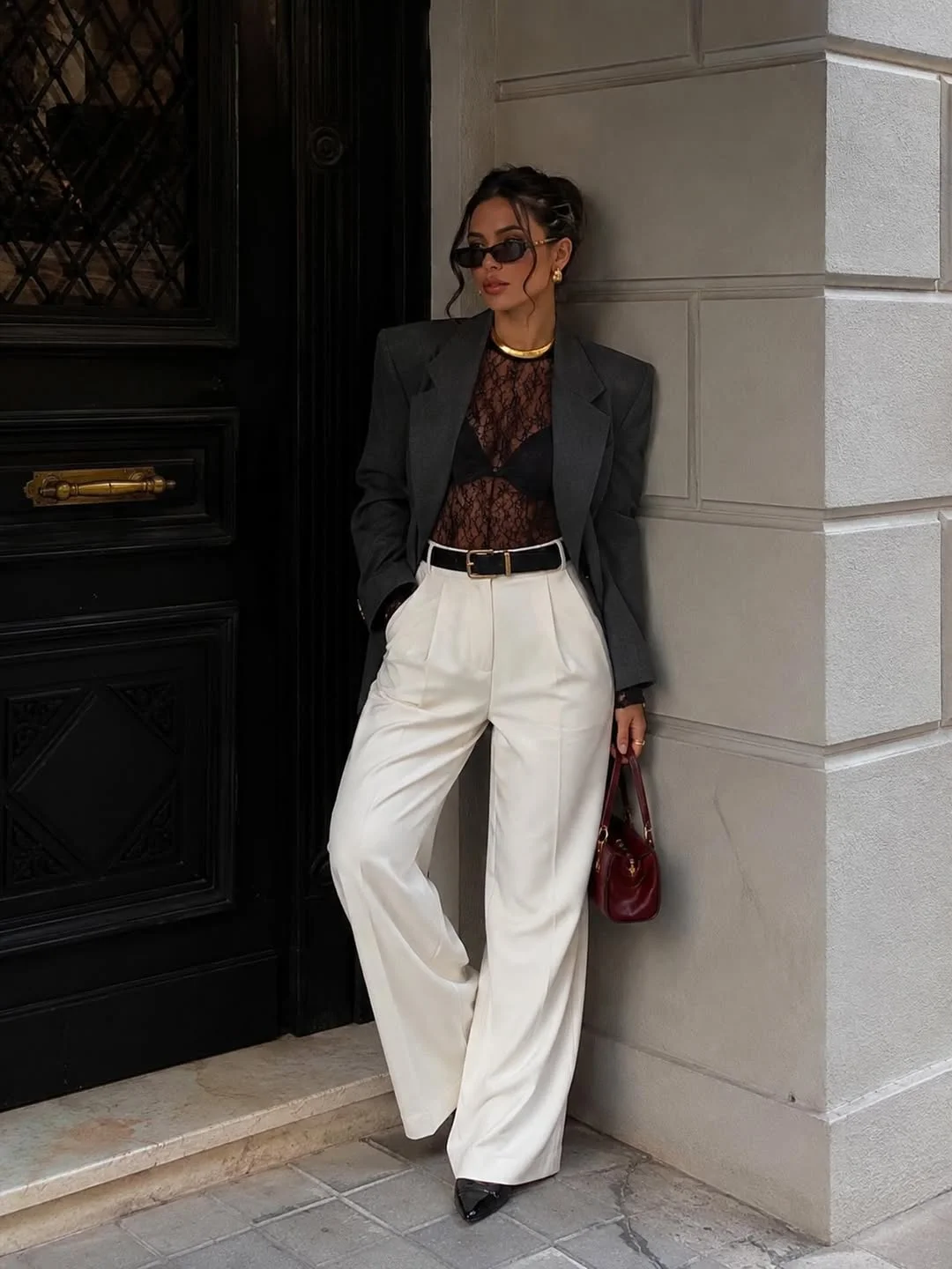 21 cute fall blazer outfits 2026 Dark Grey Tailoring With Sheer Black Layers