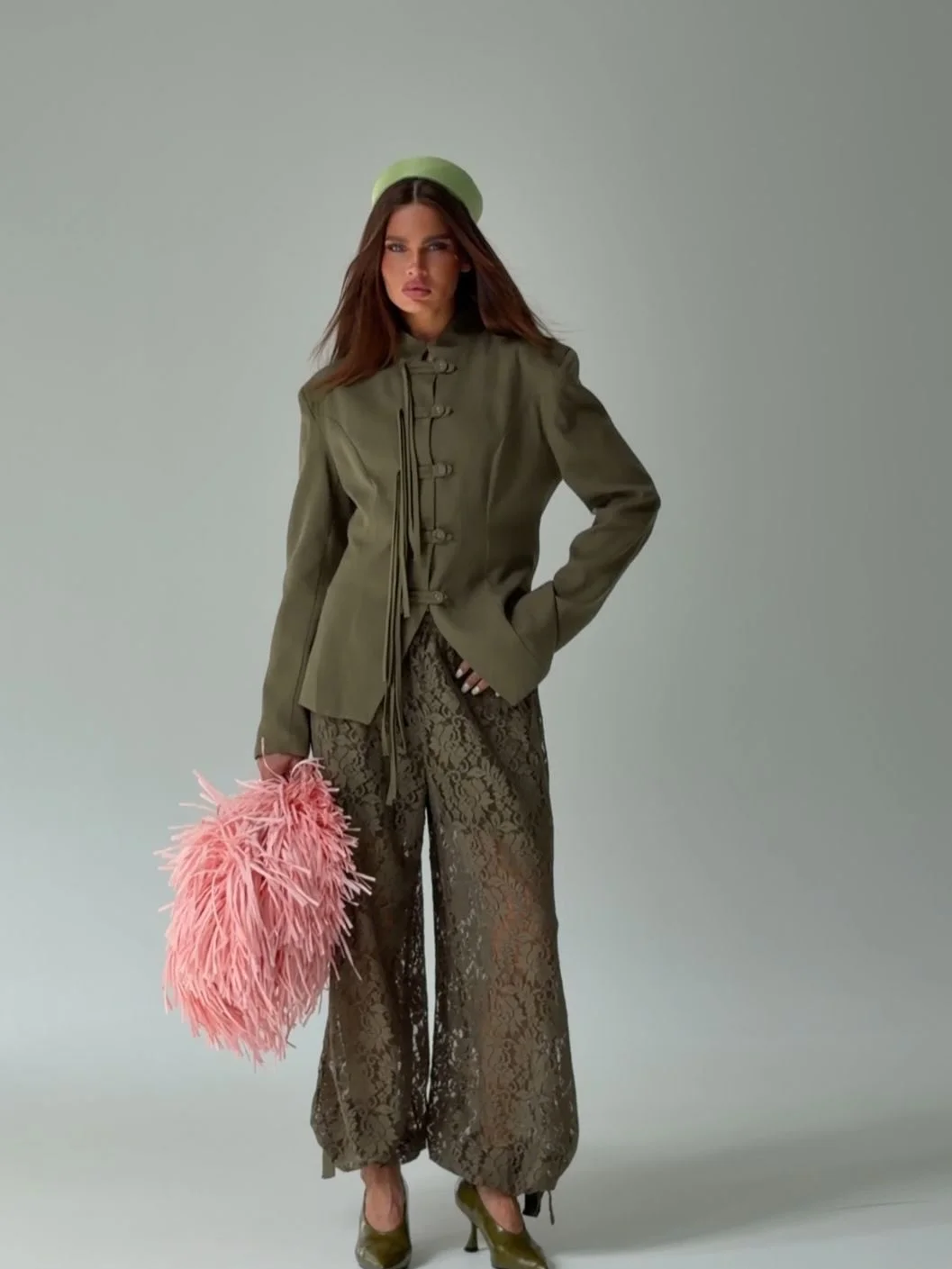 21 cute fall blazer outfits 2026 Olive Green Tailoring With Unexpected Pink Accents