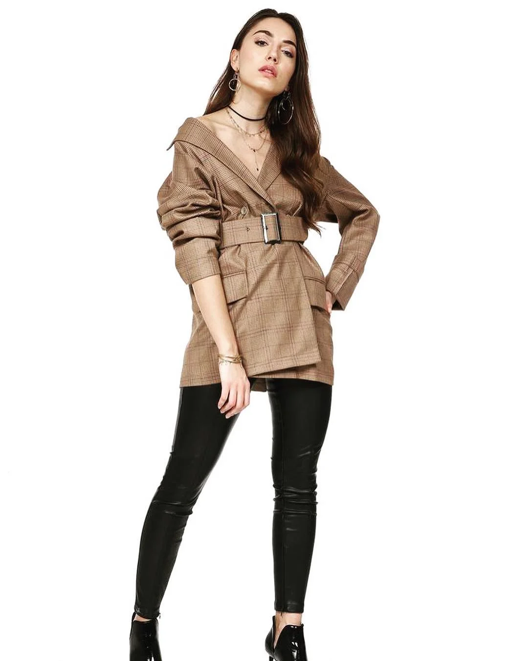 21 cute fall blazer outfits 2026 Belted Plaid Blazer With Leather Leggings