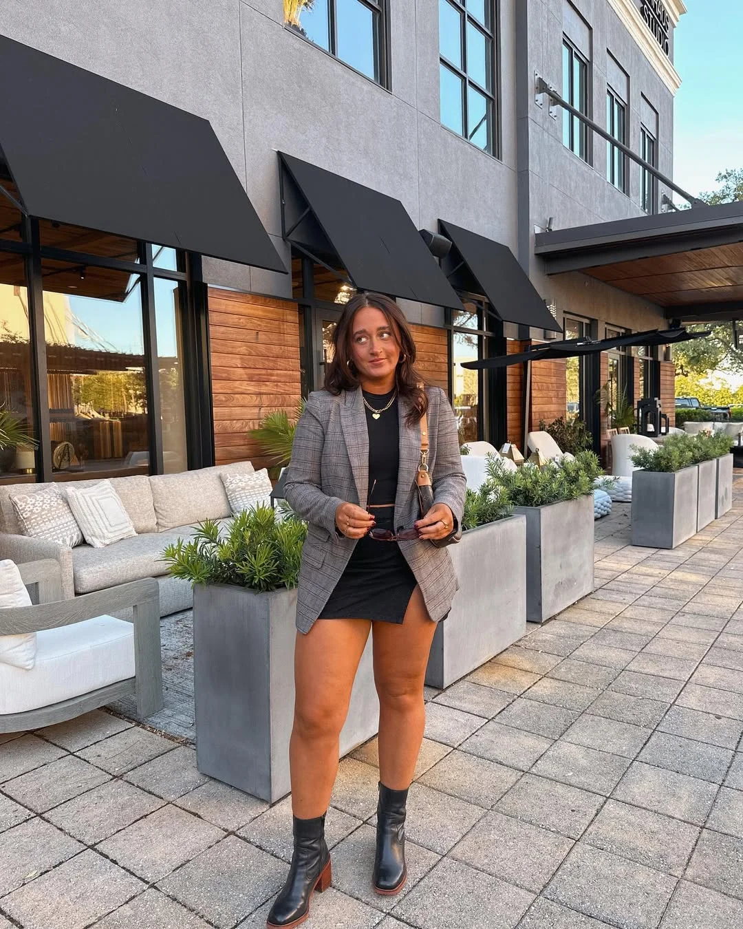 23 Early Fall Outfits Ideas 2026 Plaid Blazer And Black Mini Dress Combination