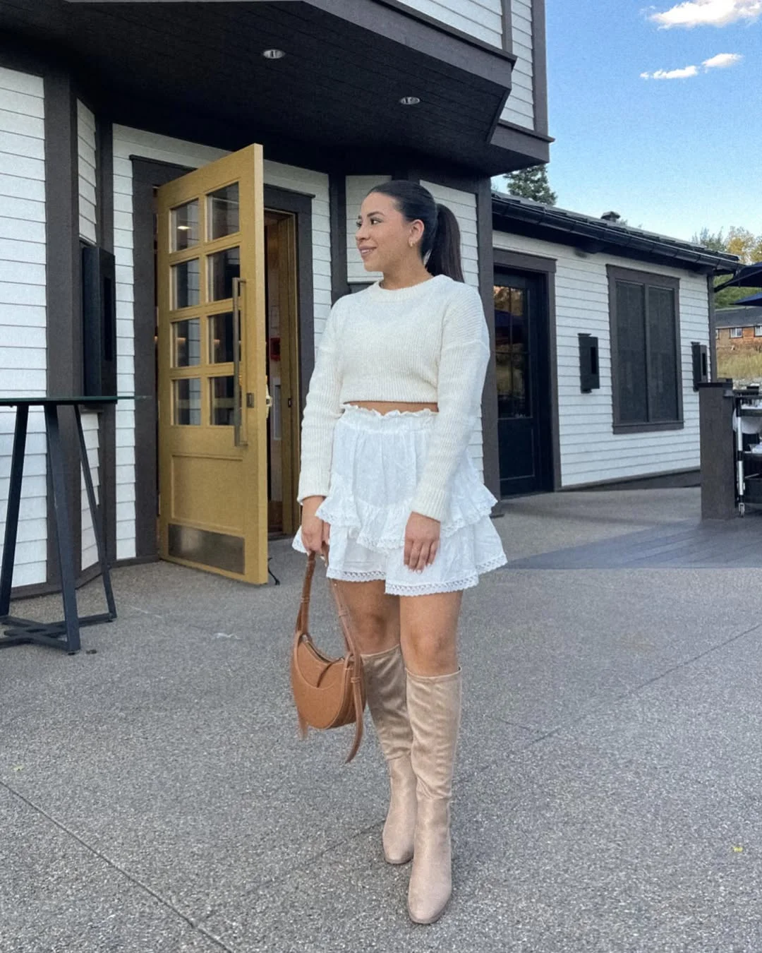 23 Early Fall Outfits Ideas 2026 Soft White Knit And Romantic Ruffle Skirt