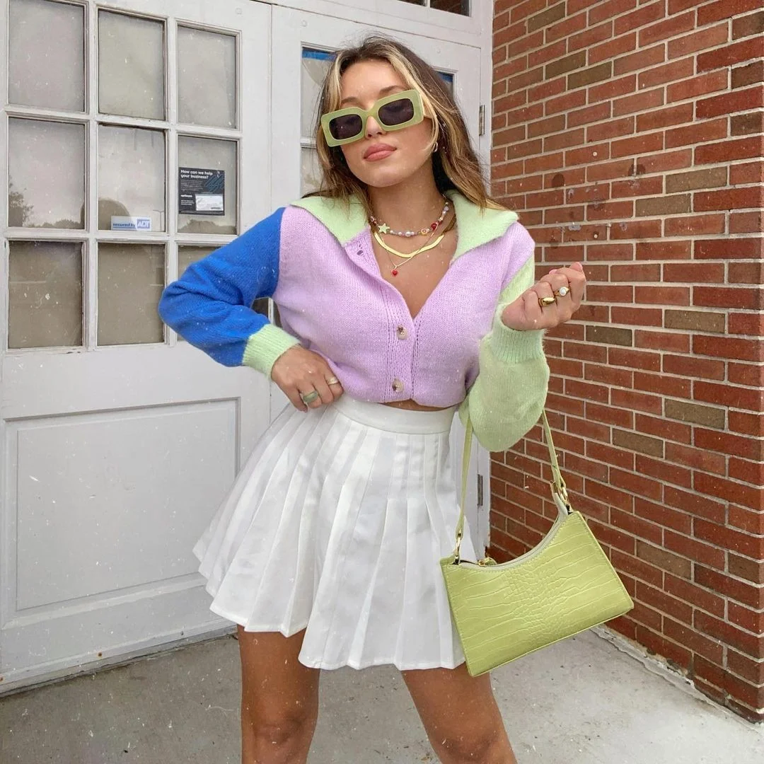 23 Early Fall Outfits Ideas 2026 Colorful Cardigan And Pleated Mini Skirt Revival