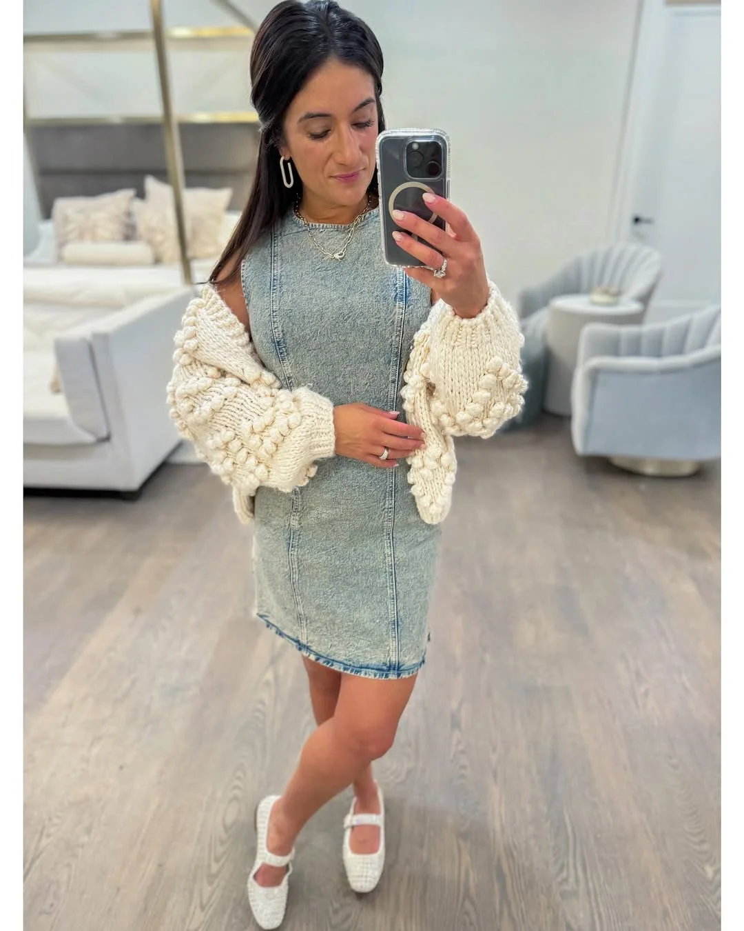 23 Early Fall Outfits Ideas 2026 Denim Mini Dress With Chunky Knit Texture