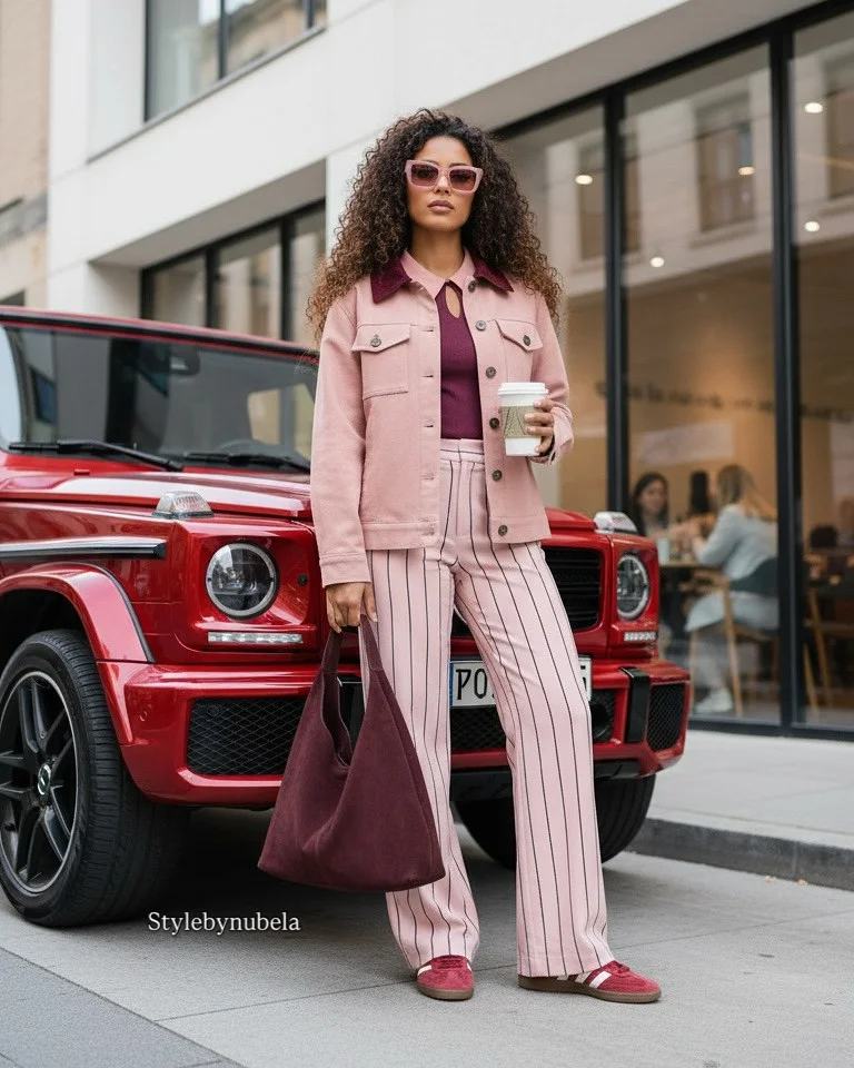23 Early Fall Outfits Ideas 2026 Monochromatic Rose Tones With Pinstripe Trousers