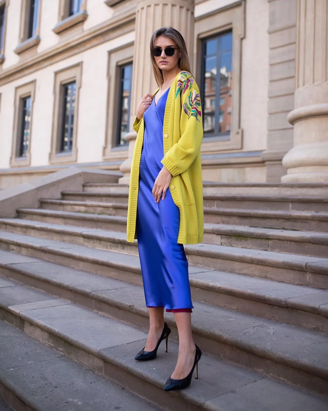 20 Early summer outfits 2026 Electric Blue Slip Dress with a Statement Cardigan