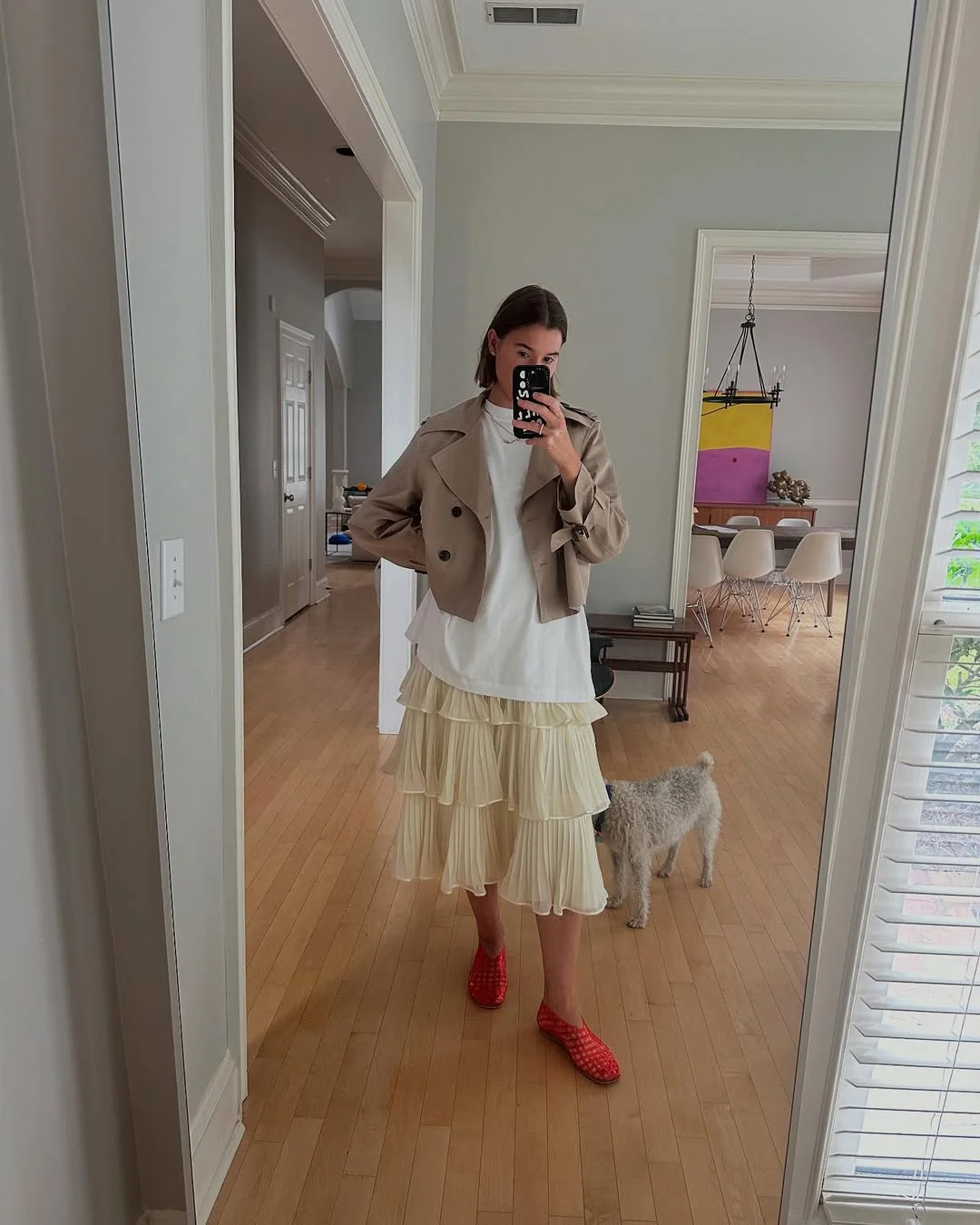 20 Early summer outfits 2026 Cropped Trench Jacket with Romantic Tiered Skirt