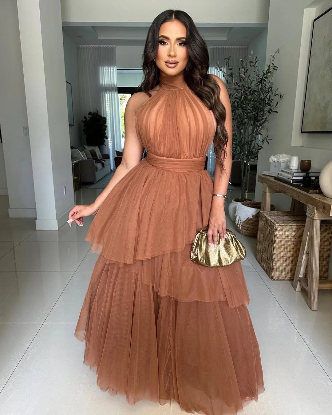 22 fall wedding guest dress 2026 Layered Mocha Tulle for a Black Tie Fall Affair
