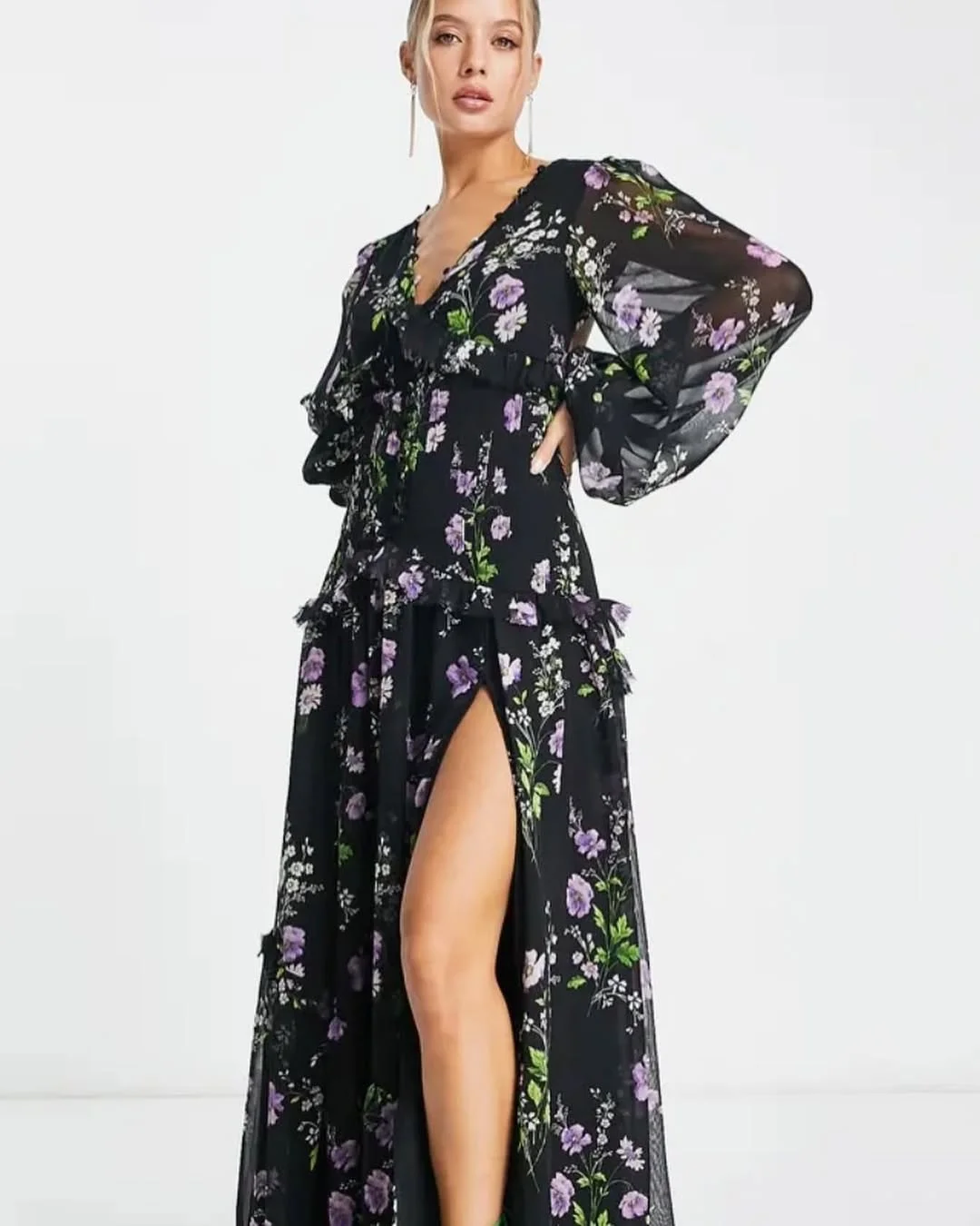 22 fall wedding guest dress 2026 Dark Floral Romance with Statement Sleeves for an October Formal Wedding