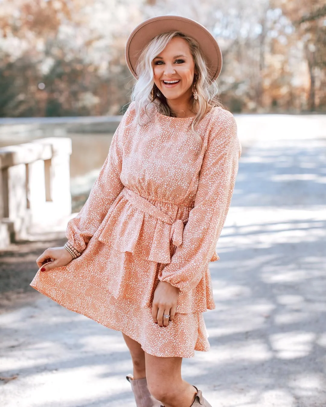 22 fall wedding guest dress 2026 Peach Printed Charm for a Casual September Wedding