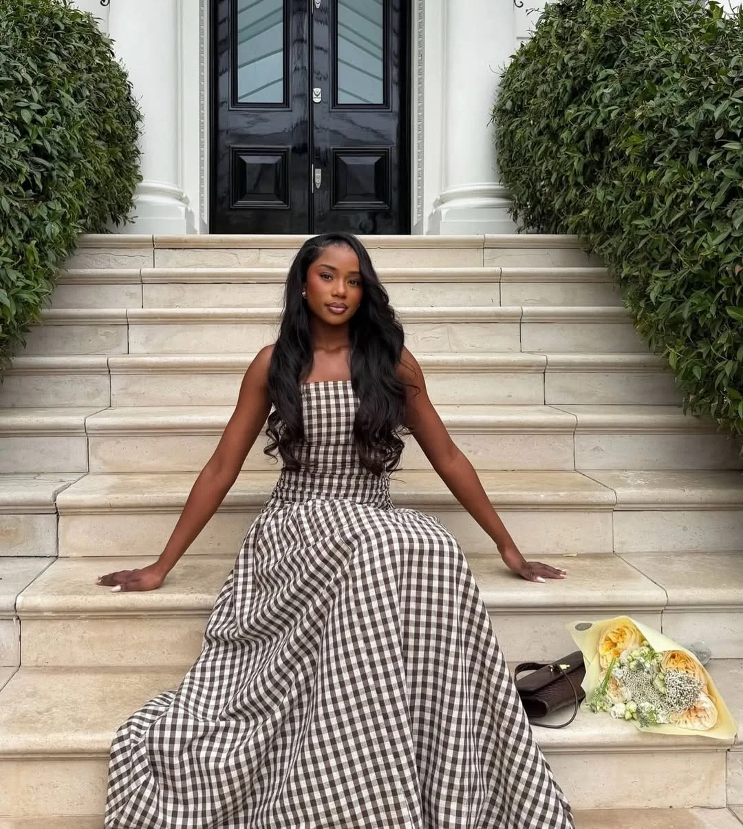 22 fall wedding guest dress 2026 Modern Gingham Elegance for an October Outdoor Wedding