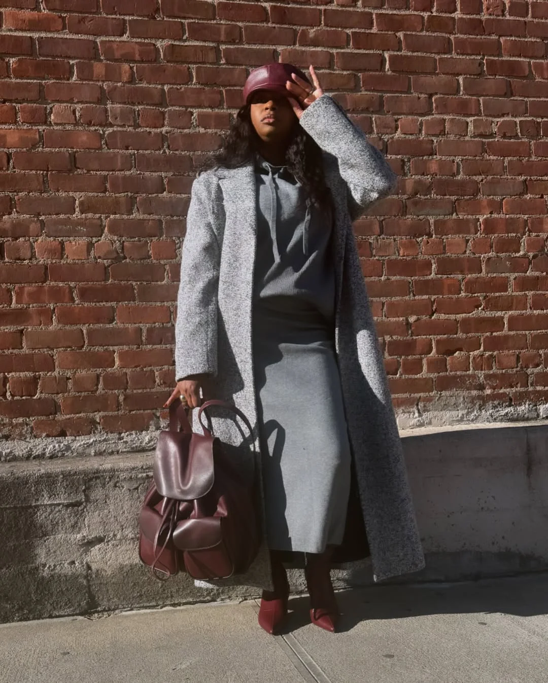 21 fall work outfits 2026 Long Gray Coat and Knit Dress for Sophisticated Fall Layering