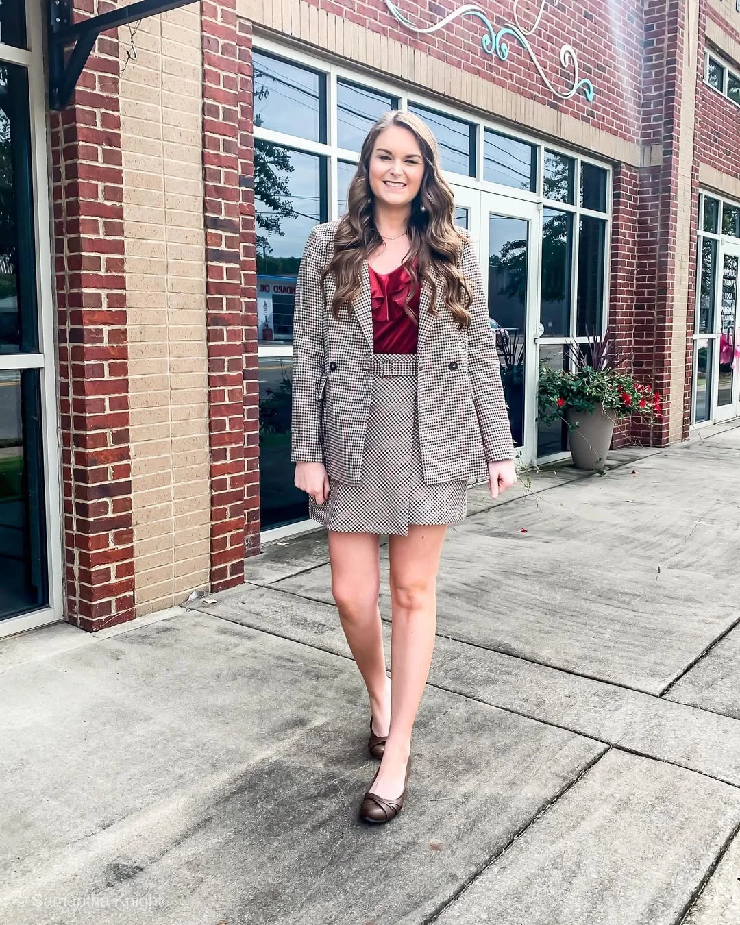 21 fall work outfits 2026 Plaid Suit Set with a Deep Burgundy Accent