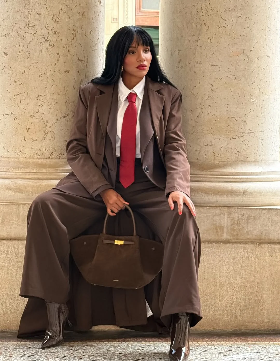 21 fall work outfits 2026 Chocolate Power Suit with a Modern Statement Tie