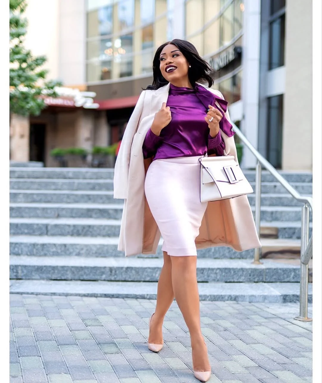 21 fall work outfits 2026 Elegant Jewel-Toned Blouse with a Soft Neutral Pencil Skirt