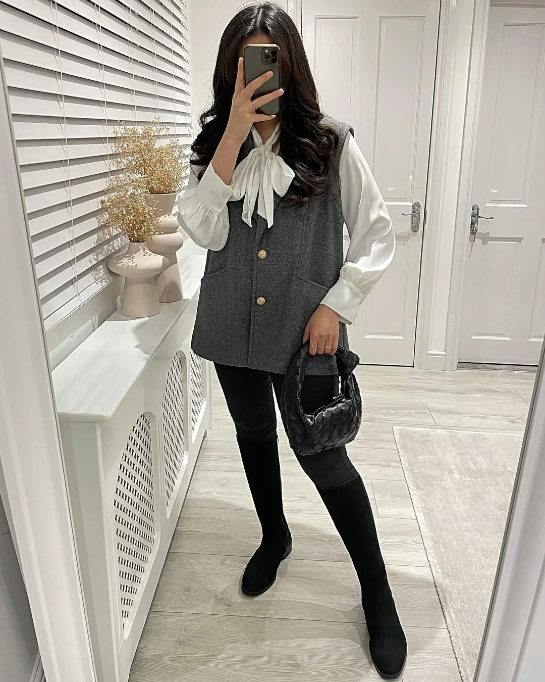 21 fall work outfits 2026 Soft Gray Vest Layering with Feminine Details