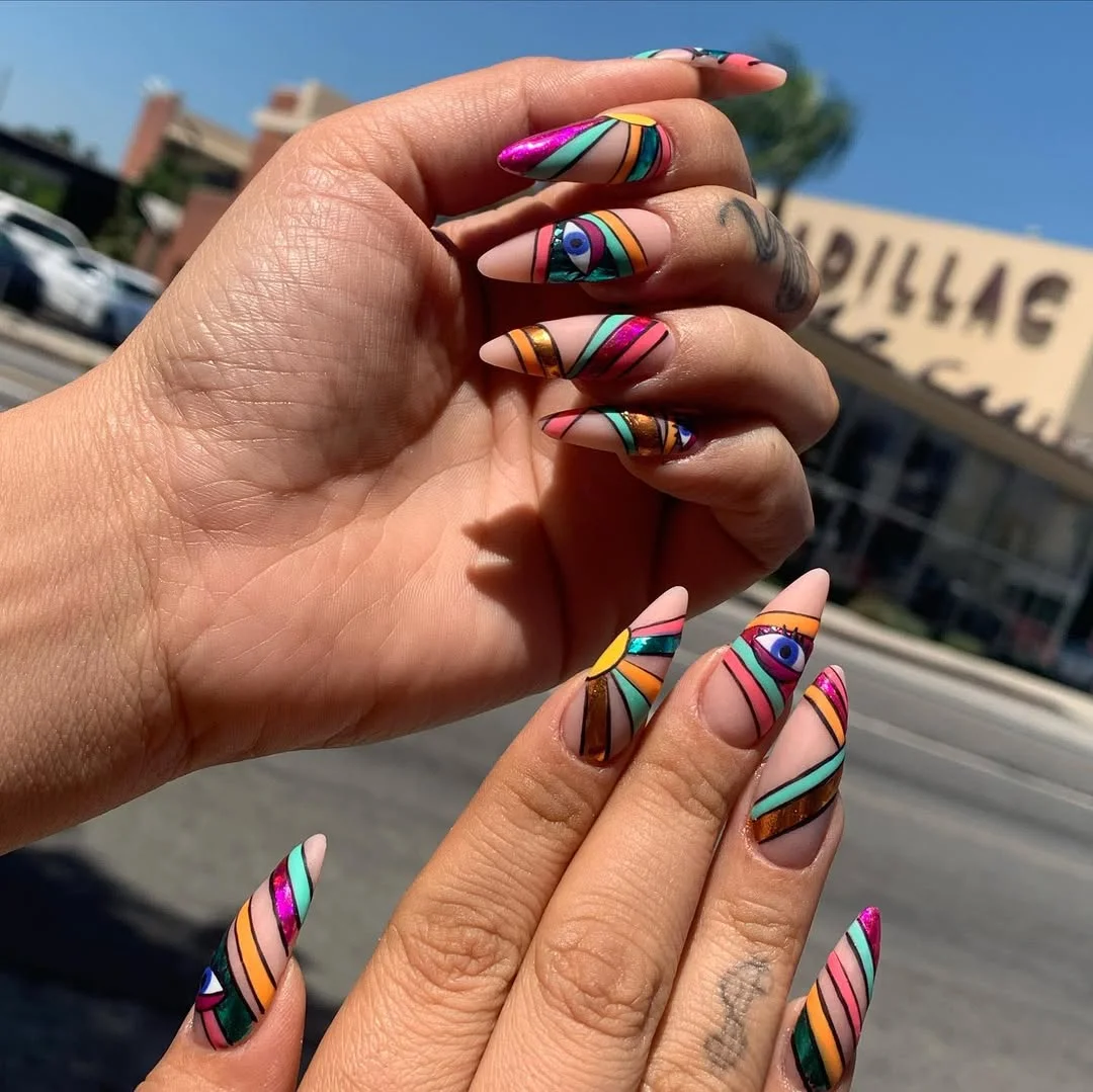 21 funky summer nails 2026 Neon Mosaic Nails With Artistic Summer Energy