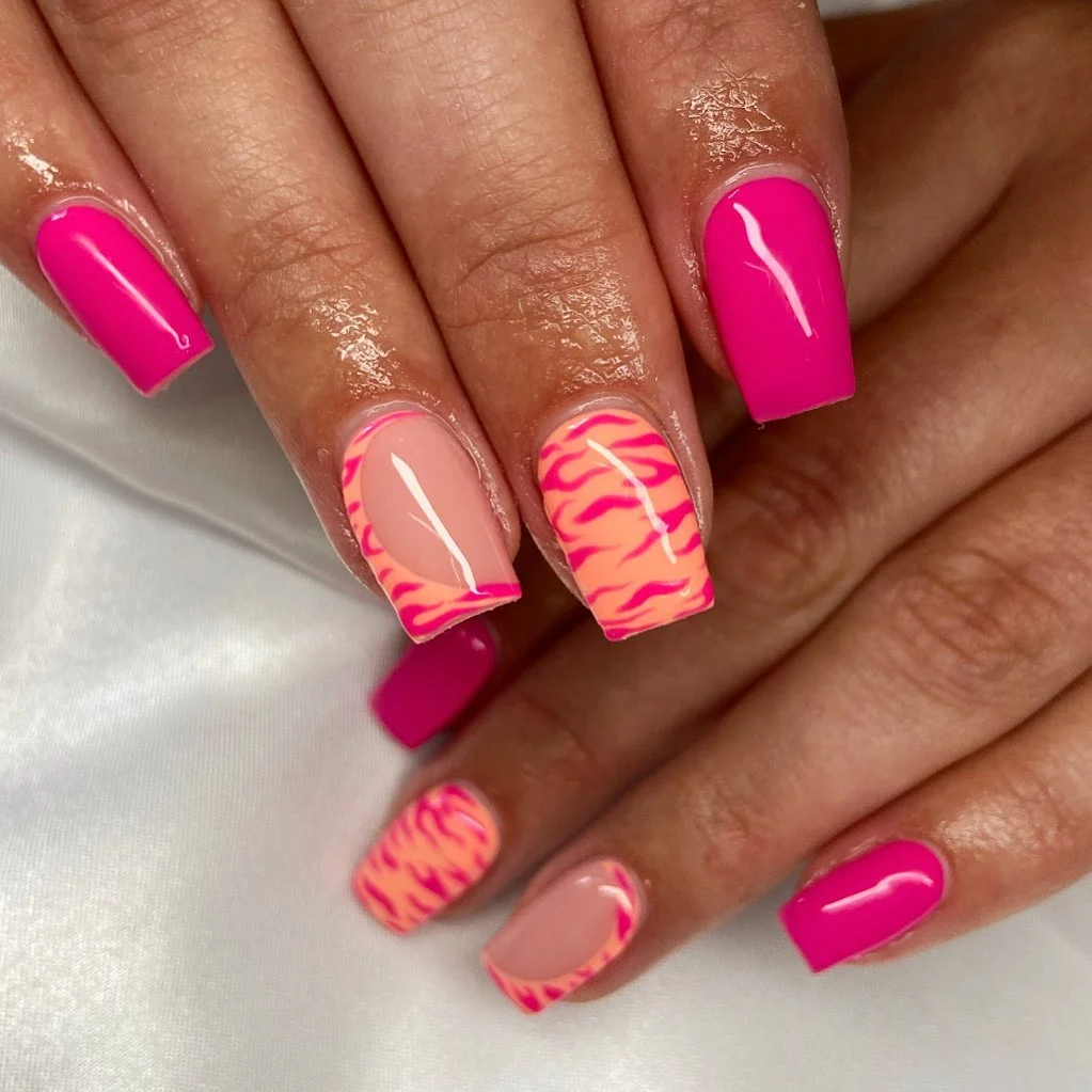 21 funky summer nails 2026 Hot Pink Safari Nails With Neon Confidence