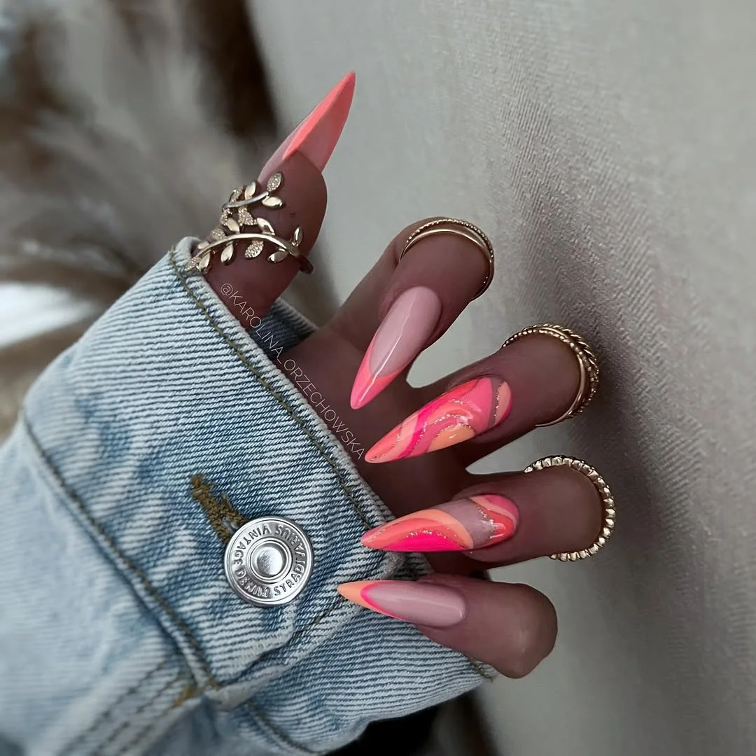 21 funky summer nails 2026 Hot Pink Swirl Nails That Capture Sunset Vibes