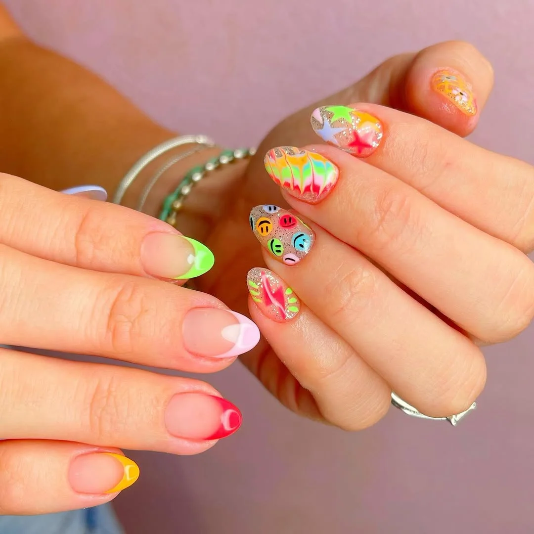 21 funky summer nails 2026 Mixed Mood Summer Nails With Neon French Accents
