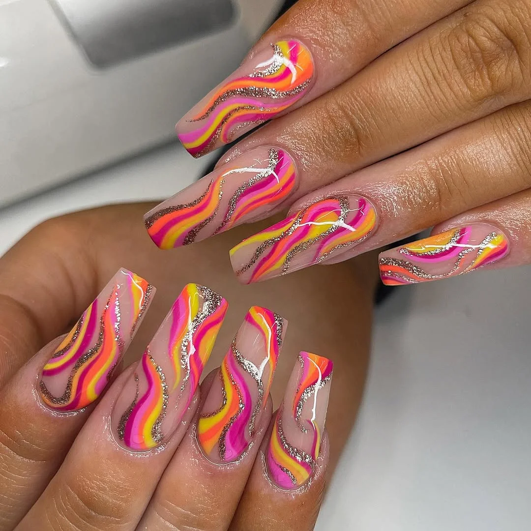 21 funky summer nails 2026 Sunset Swirl Nails With Glamorous Neon Movement
