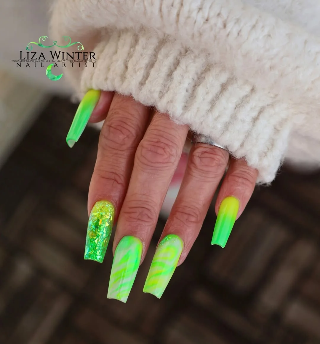 20 July Nail Colours Ideas 2026 Neon Lime Glitter Fusion
