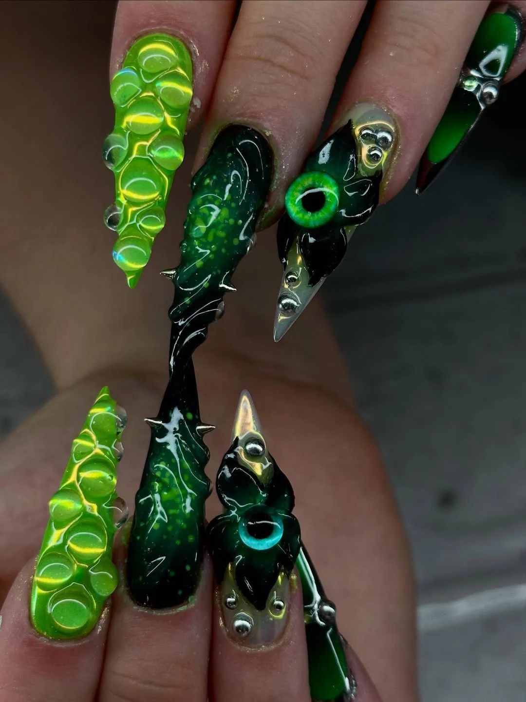 23 July nails design ideas 2026 Alien Fantasy Sculpted Stiletto Nails
