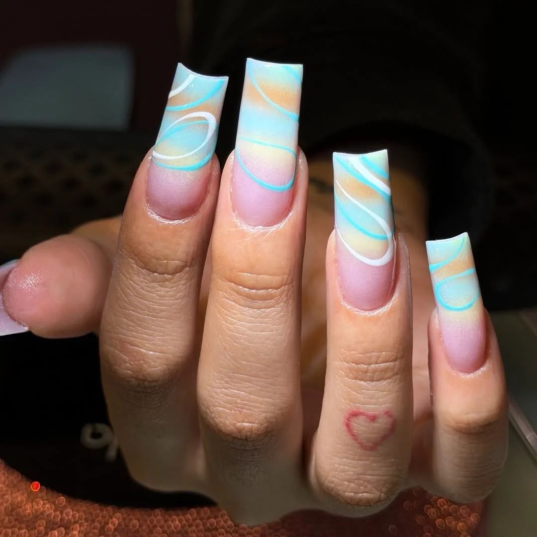 23 July nails design ideas 2026 Pastel Airbrush Swirls On Long Square Nails