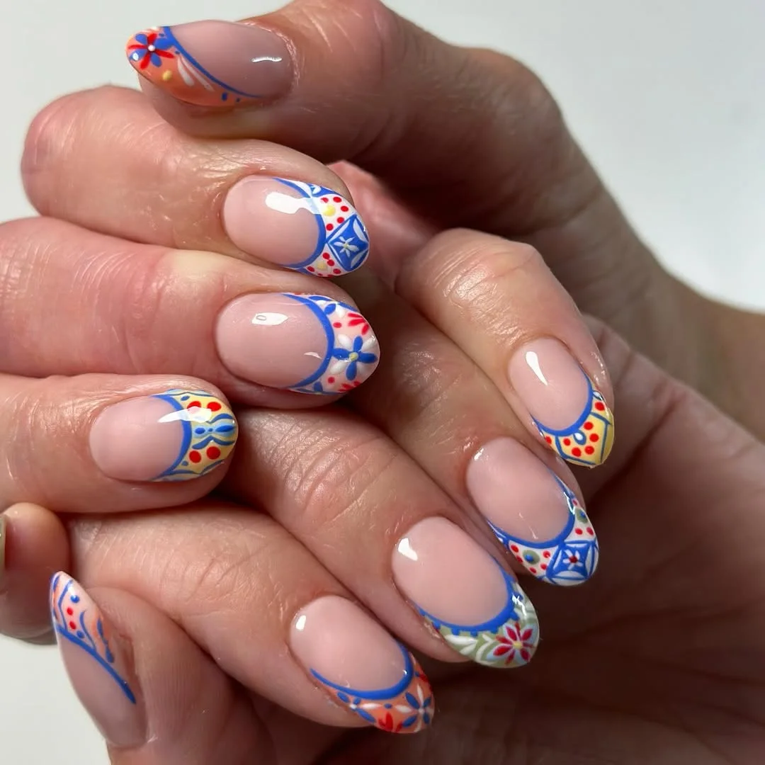 23 July nails design ideas 2026 Mediterranean Tile Inspired French Manicure