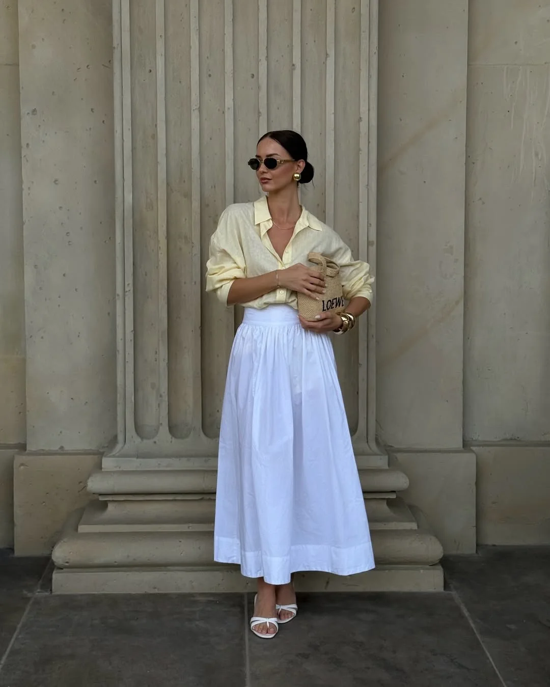July Outfits Ideas 2026 Elegant White Skirt and Butter Yellow Shirt for a Classy July Afternoon