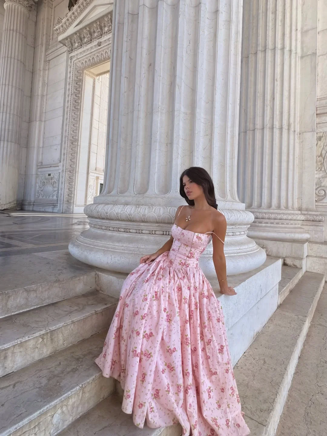July Outfits Ideas 2026 Pink Floral Corset Dress for a Modern Fairytale Moment
