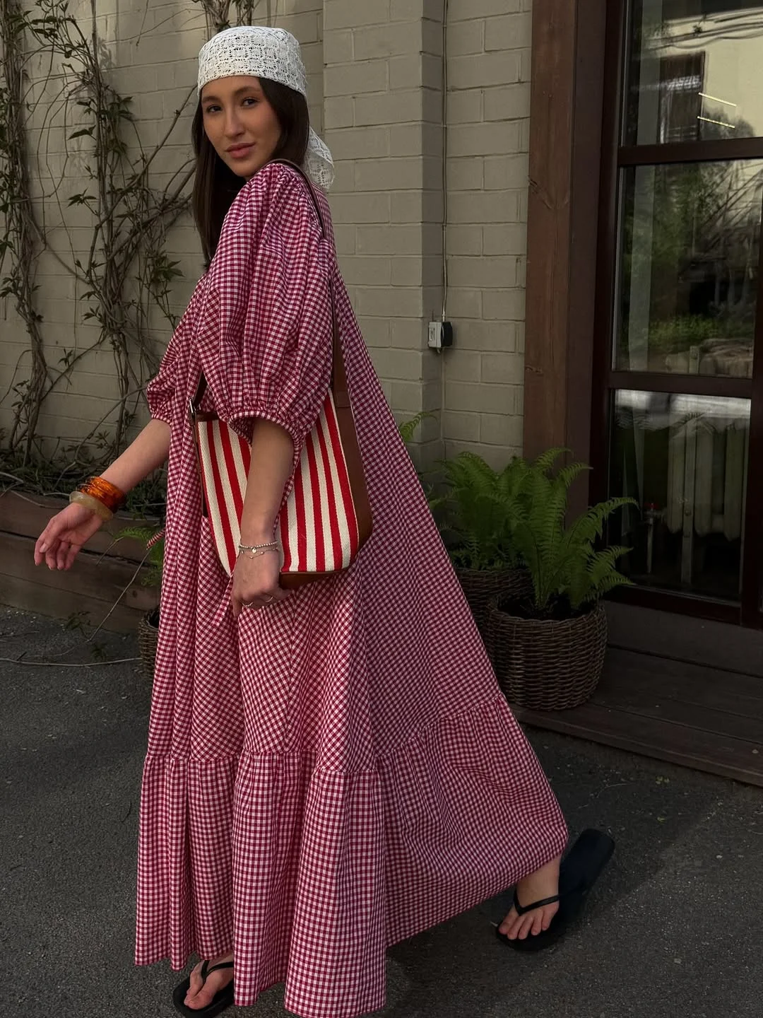 July Outfits Ideas 2026 Red Gingham Maxi Dress with Vintage Summer Charm