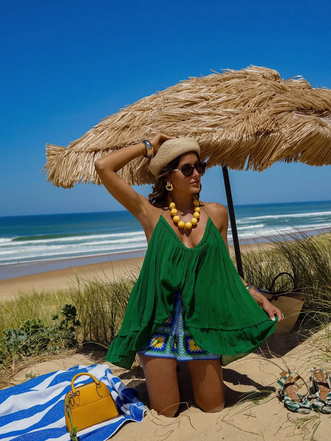 July Outfits Ideas 2026 Green Beach Cover Up and Crochet Shorts for a Coastal Getaway