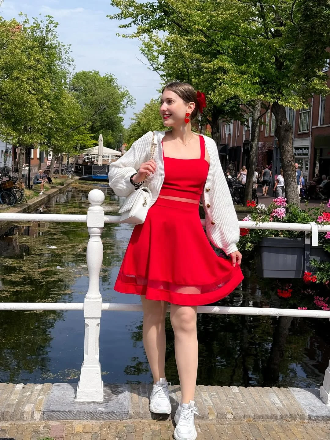July Outfits Ideas 2026 Bright Red Dress and Cozy Cardigan for a Playful Summer Statement