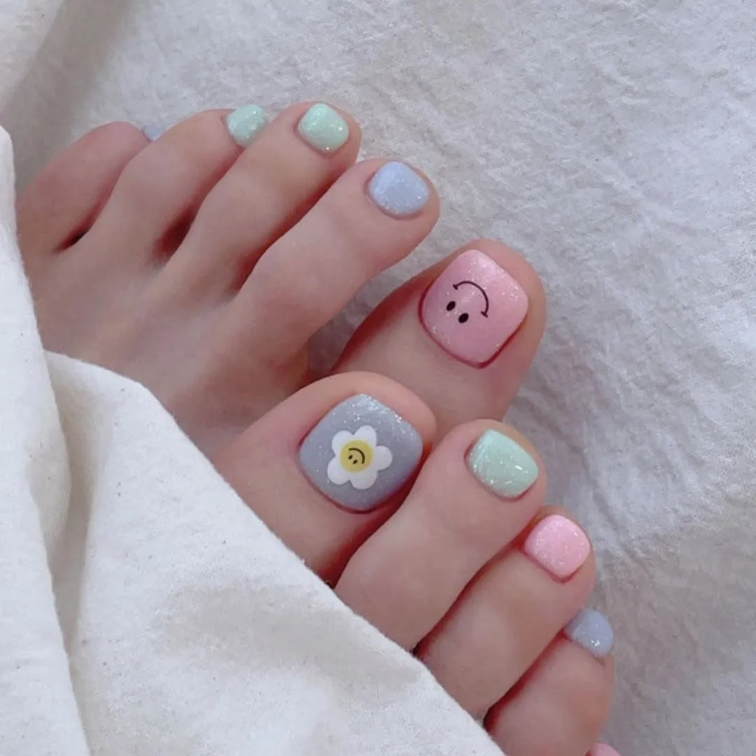 21 July toe nail colours ideas 2026 Pastel Smile Pedicure With Playful Charm