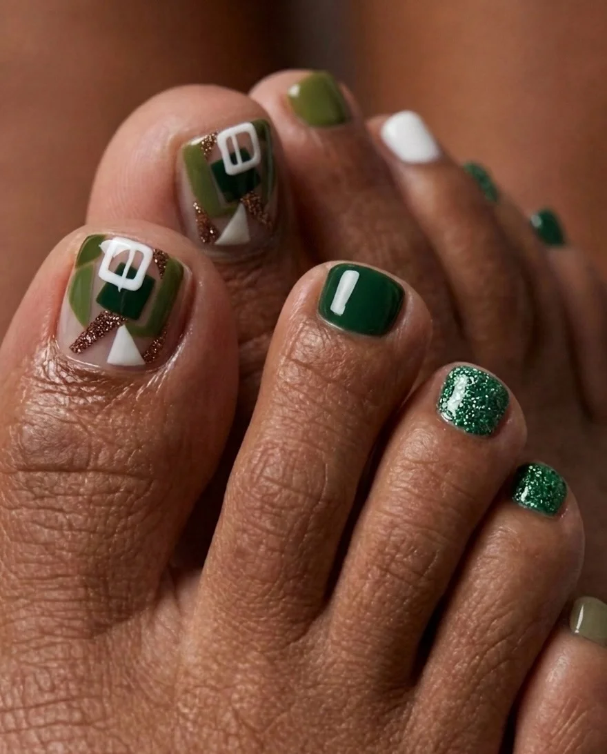 21 July toe nails design - summer ideas 2026 Emerald Green Pedicure With Graphic Statement Details