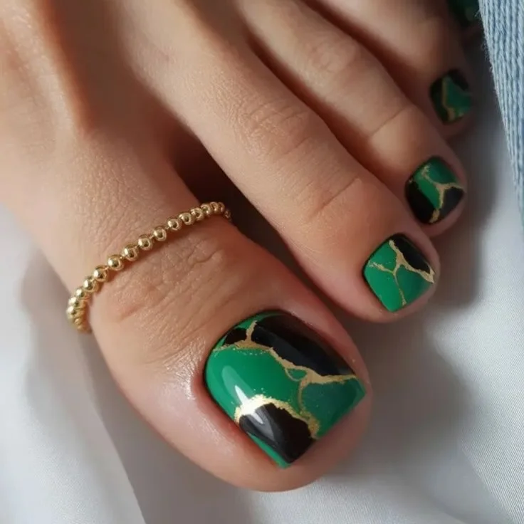 21 July toe nails design - summer ideas 2026 Emerald Marble Pedicure With Luxe Stone Effect