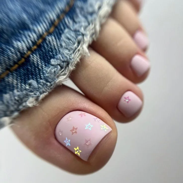 21 July toe nails design - summer ideas 2026 Pink Starry Pedicure With Dreamy Summer Sparkle