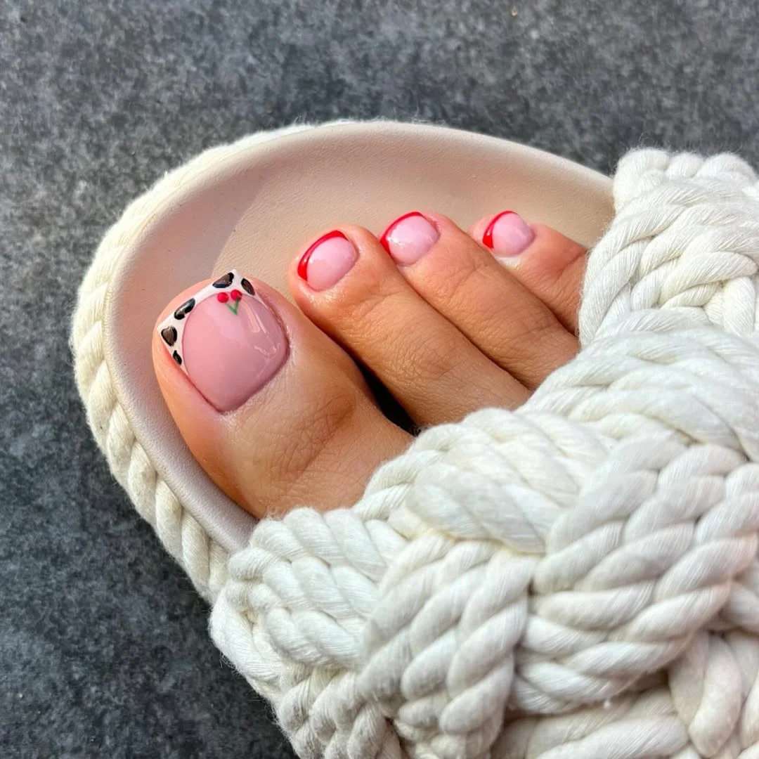 21 July toe nails design - summer ideas 2026 Cherry Accent French Pedicure With Sweet Retro Charm