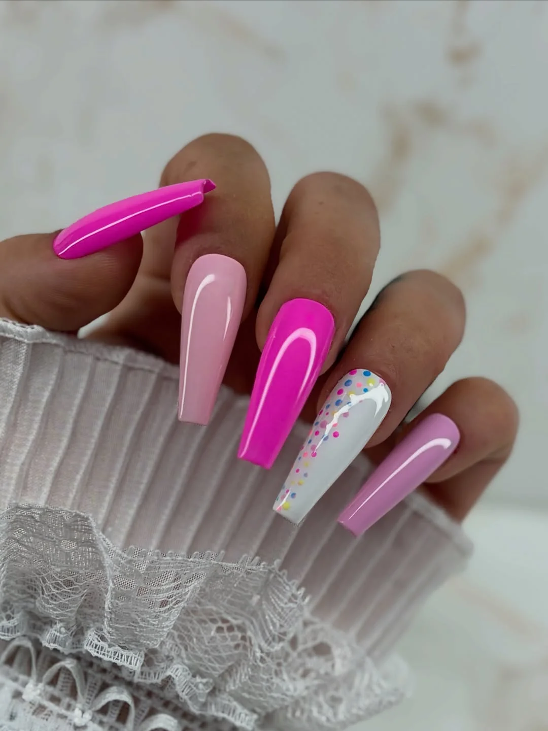 20 June manicure ideas 2026 Pink Candy Gloss Nails with Playful Confetti Details
