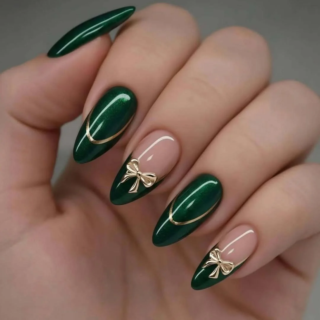 20 June manicure ideas 2026 Elegant Olive Green Nails with Gold Accents