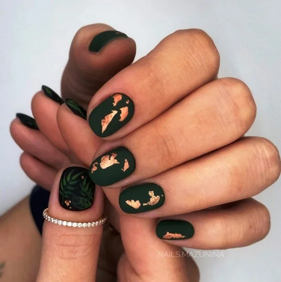 20 June manicure ideas 2026 Olive Green Foil Nails with Modern Botanical Accents