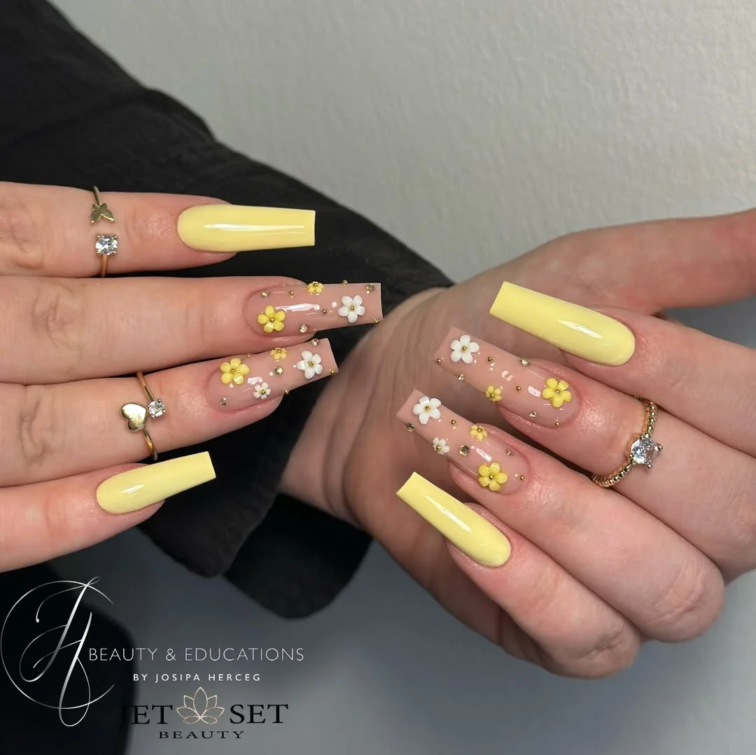20 June manicure ideas 2026 Butter Yellow Daisy Nails for Sunny June Mornings