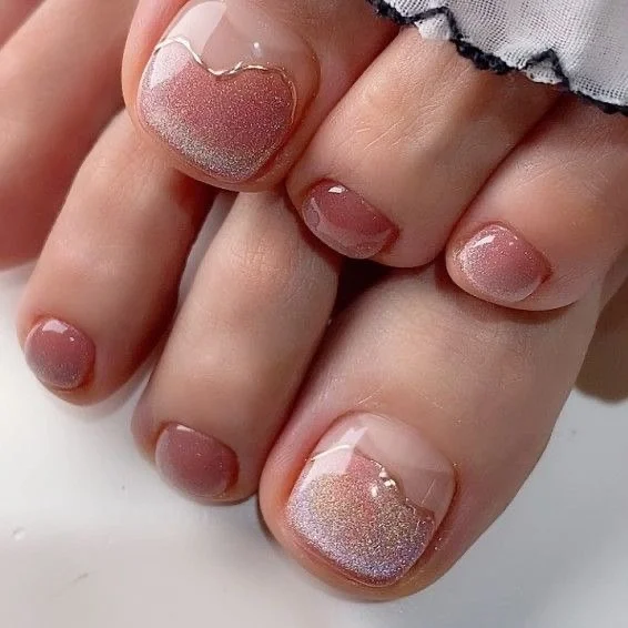19 June pedicure ideas 2026 Soft Rose Shimmer Pedicure with Romantic Waves