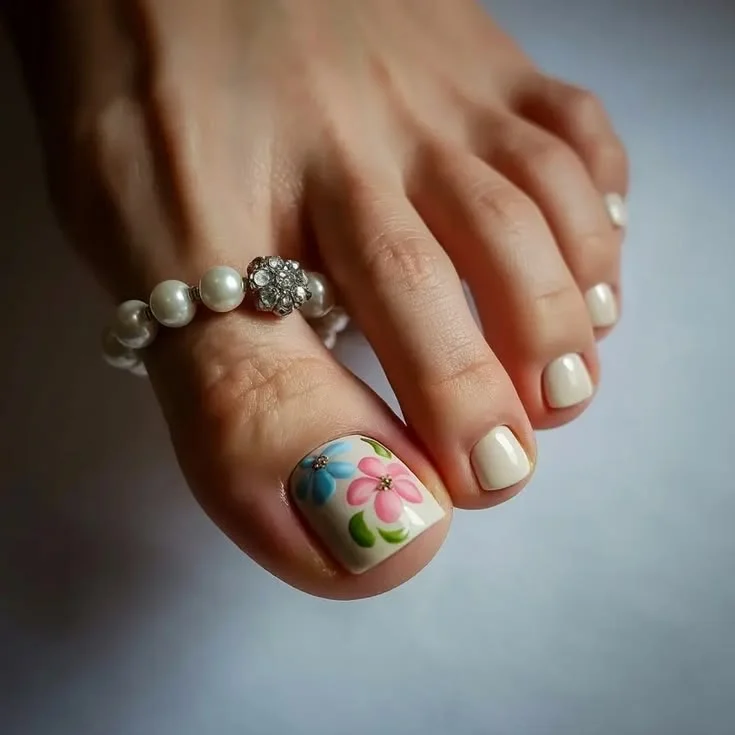 19 June pedicure ideas 2026 White Floral Pedicure with Delicate Garden Details