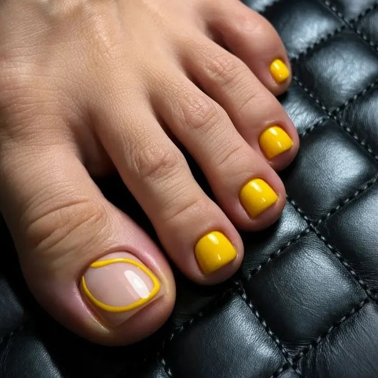 19 June pedicure ideas 2026 Sunny Yellow Pedicure with Minimalist Outline Detail