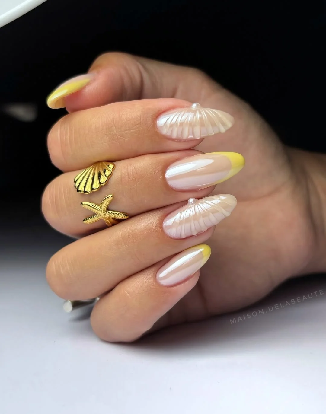 21 light summer nails 2026 Golden Seashell Nails With Soft Lemon French Tips