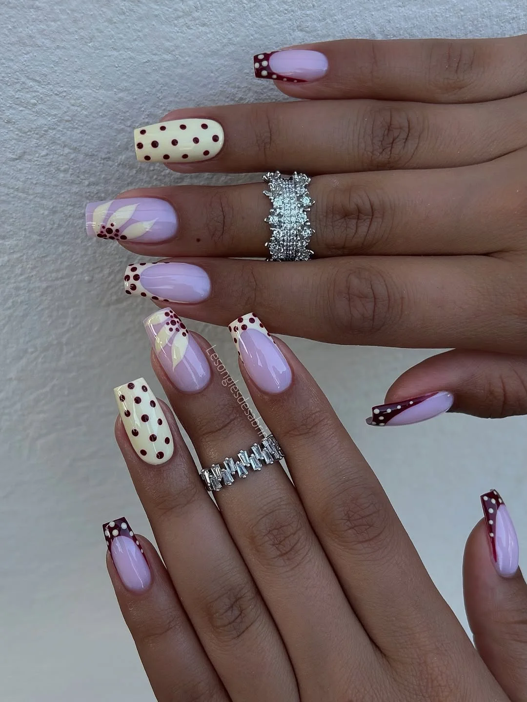 21 light summer nails 2026 Cherry Mocha Polka Dot Nails With Vintage French Details